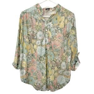 B&B Size 18 Multicolor Floral Blouse Roll Tab Sleeve Vintage Cottagecore Pastels